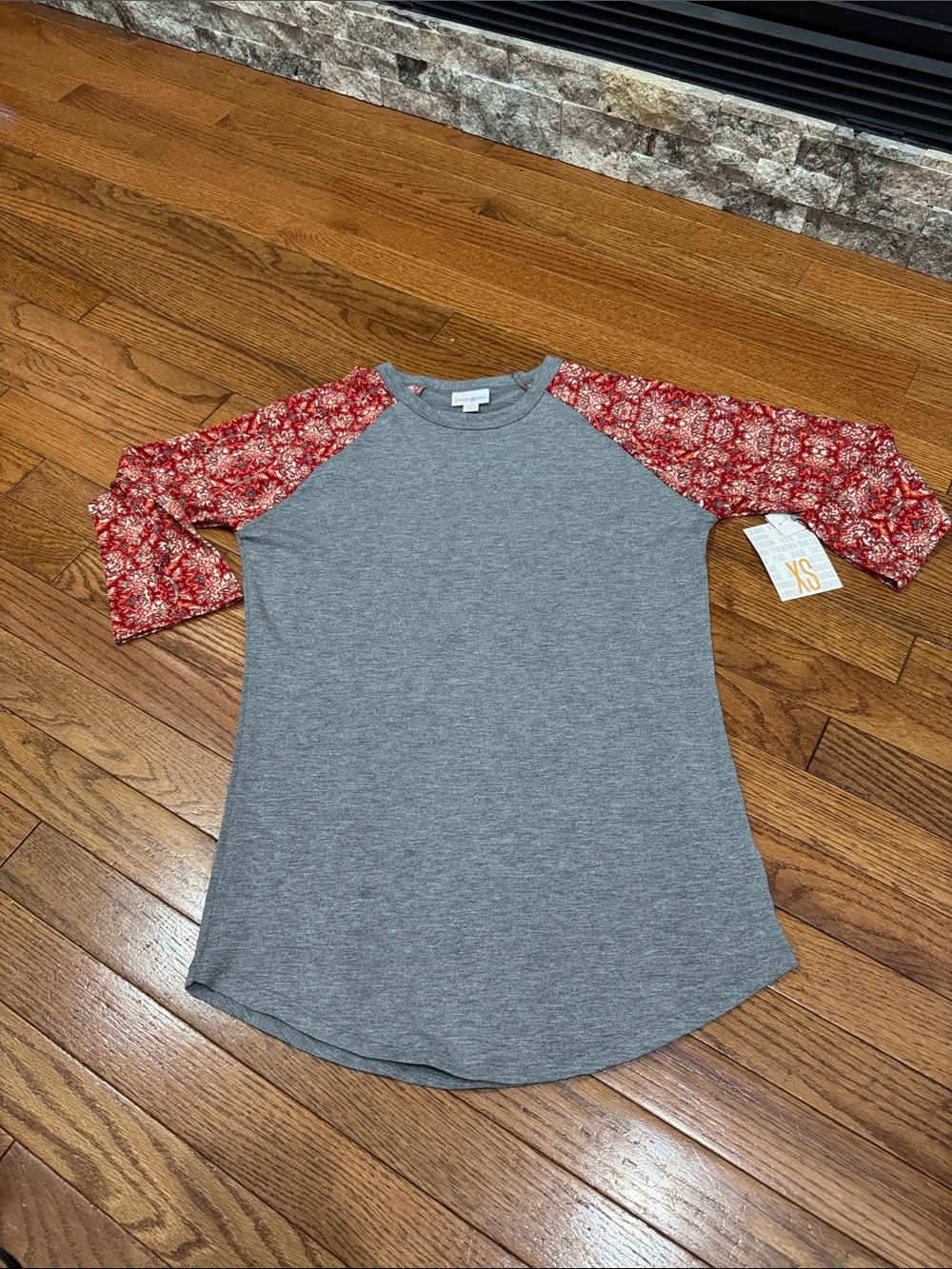 Women’s Gray Raglan Top with Red Floral Sleeves